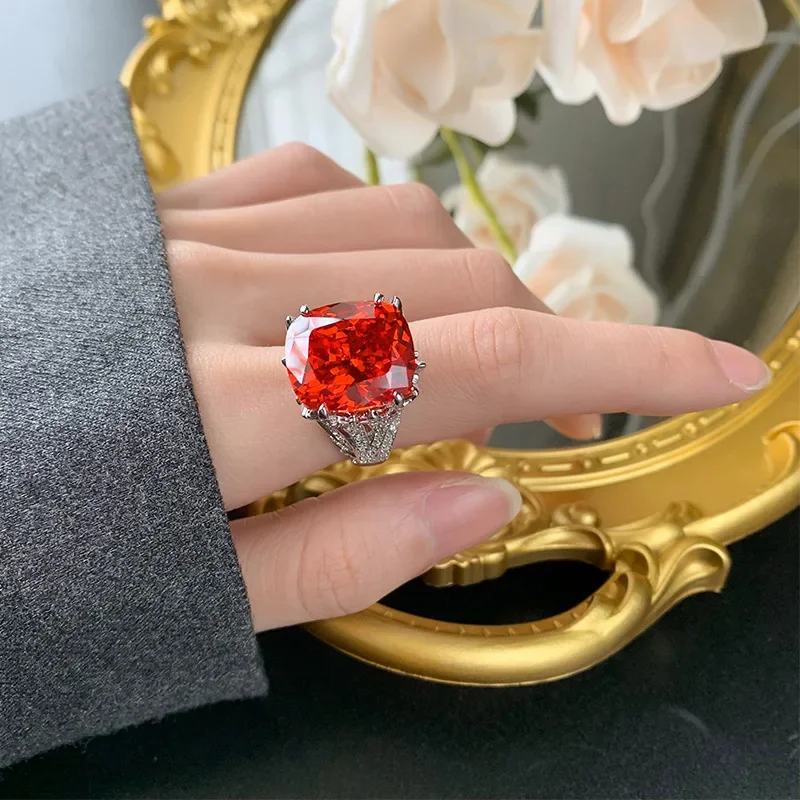 

S925 Silver Plated 18K Gold Plated PT950 Platinum Retro Fashion Bird's Nest Cut Fat Square Light Luxury Ring Women 14*16
