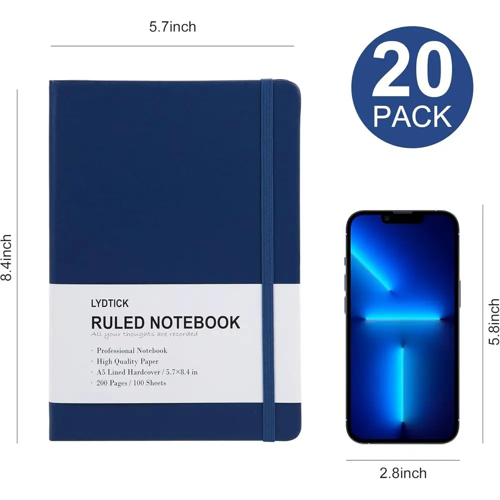 Блокноты для колледжа в линейку: журналы в твердом переплете, 20 штук, 200 страниц, 5,7x8,4, темно-синие для школы и офиса