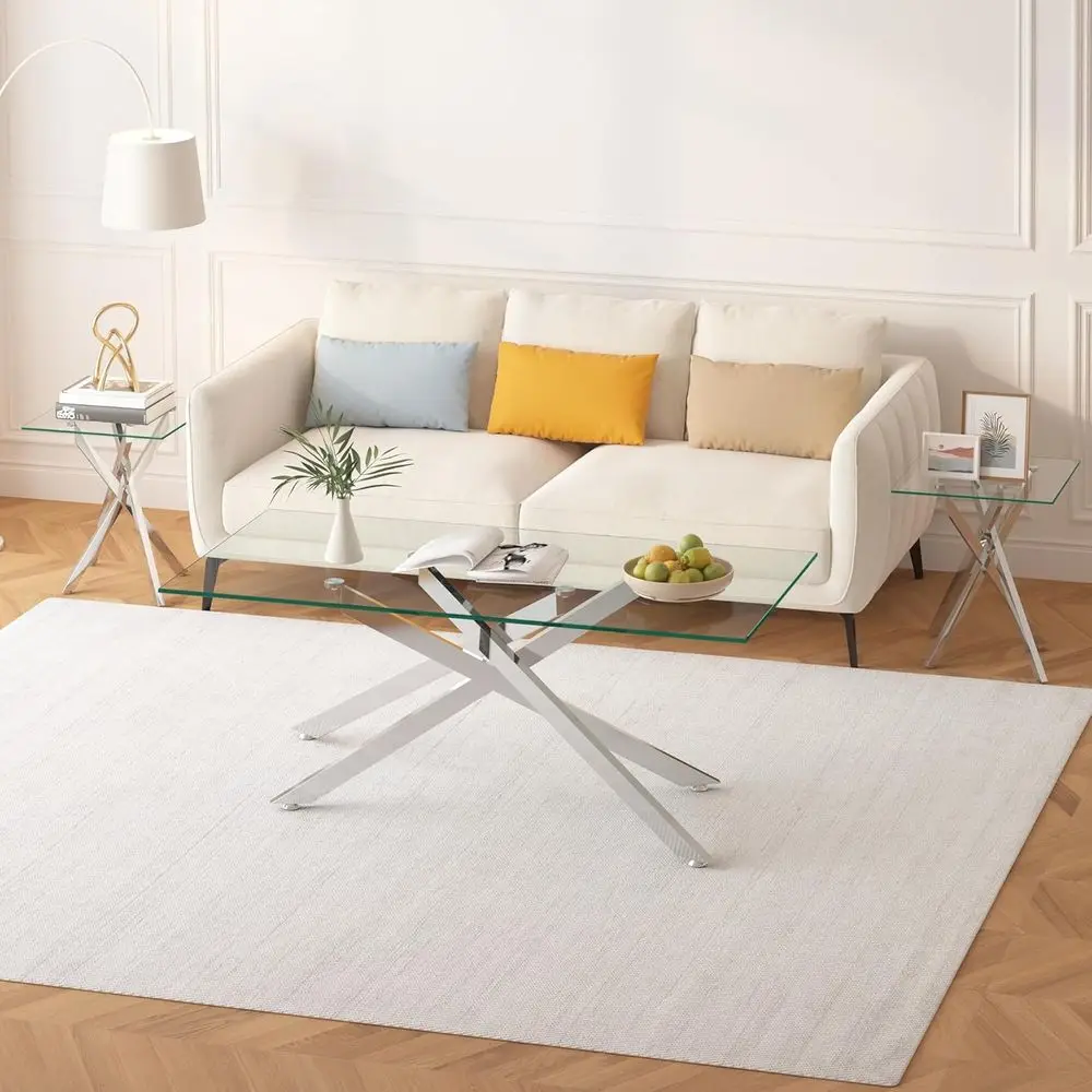 

3-Piece Living Room Coffee Table Set with Metal Frame and Tempered Glass for Small Spaces (Silver, 39.37x17.72)