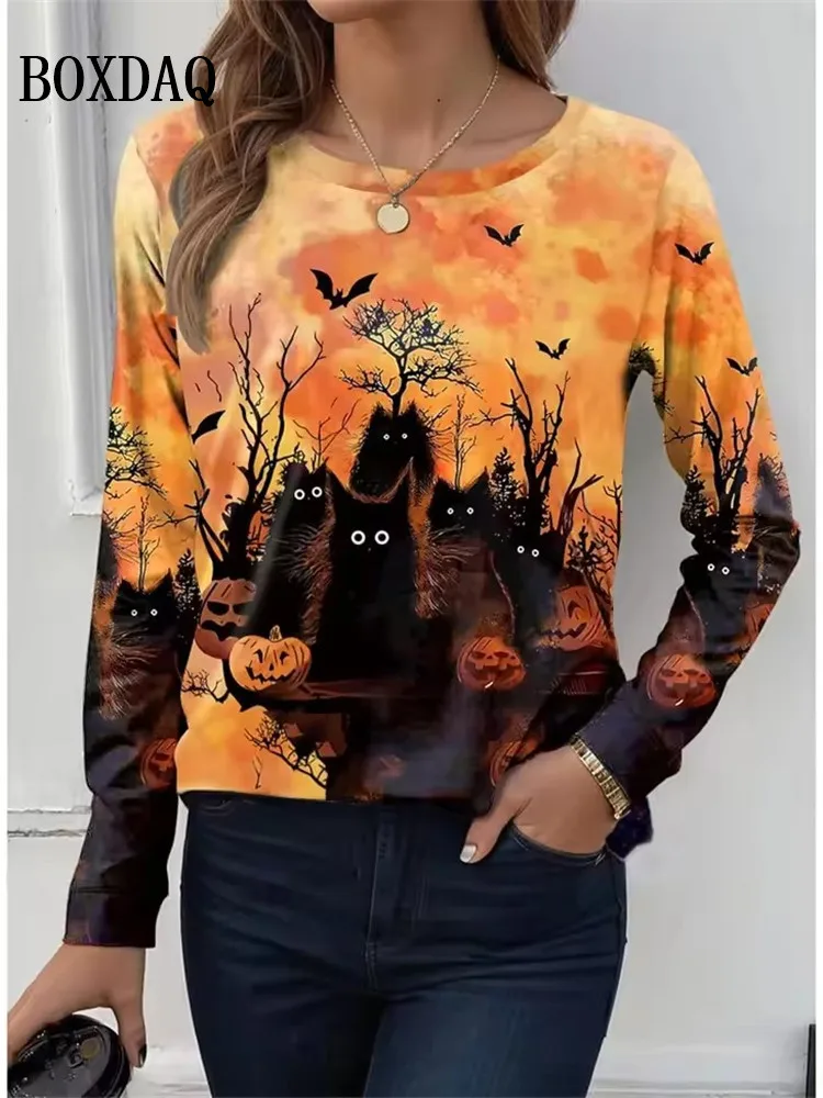 

Модная женская футболка с принтом омбре на Хэллоуин, повседневная праздничная модная футболка с длинным рукавом, повседневный свободный пуловер с круглым вырезом, топы