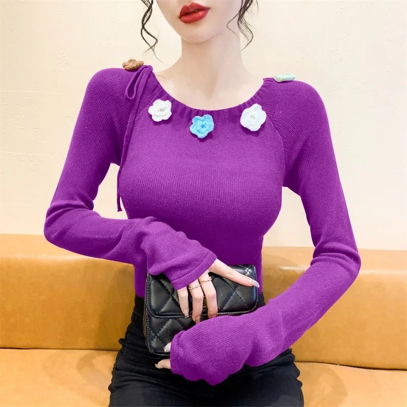 Rose Purple Round Neck Long Sleeve Sweater Top for Women's Autumn New Drawstring Flower Niche Slim Sweater