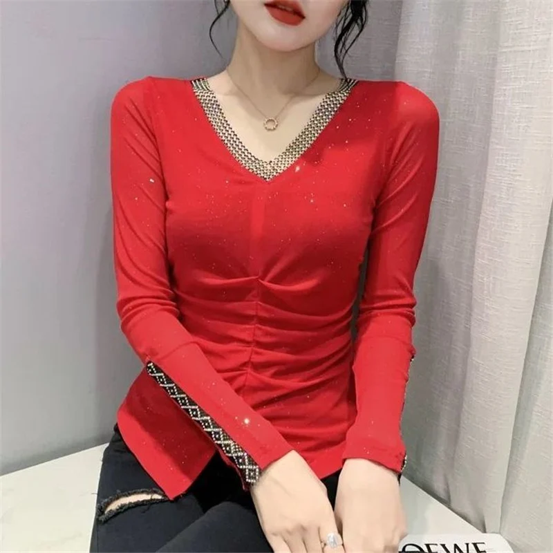 Spring Autumn Fashion Sequins Ruched Sexy V-Neck Hollow Mesh Rhinestone Slim Basic T Shirt Women Elegant Long Sleeve Ladies Tops