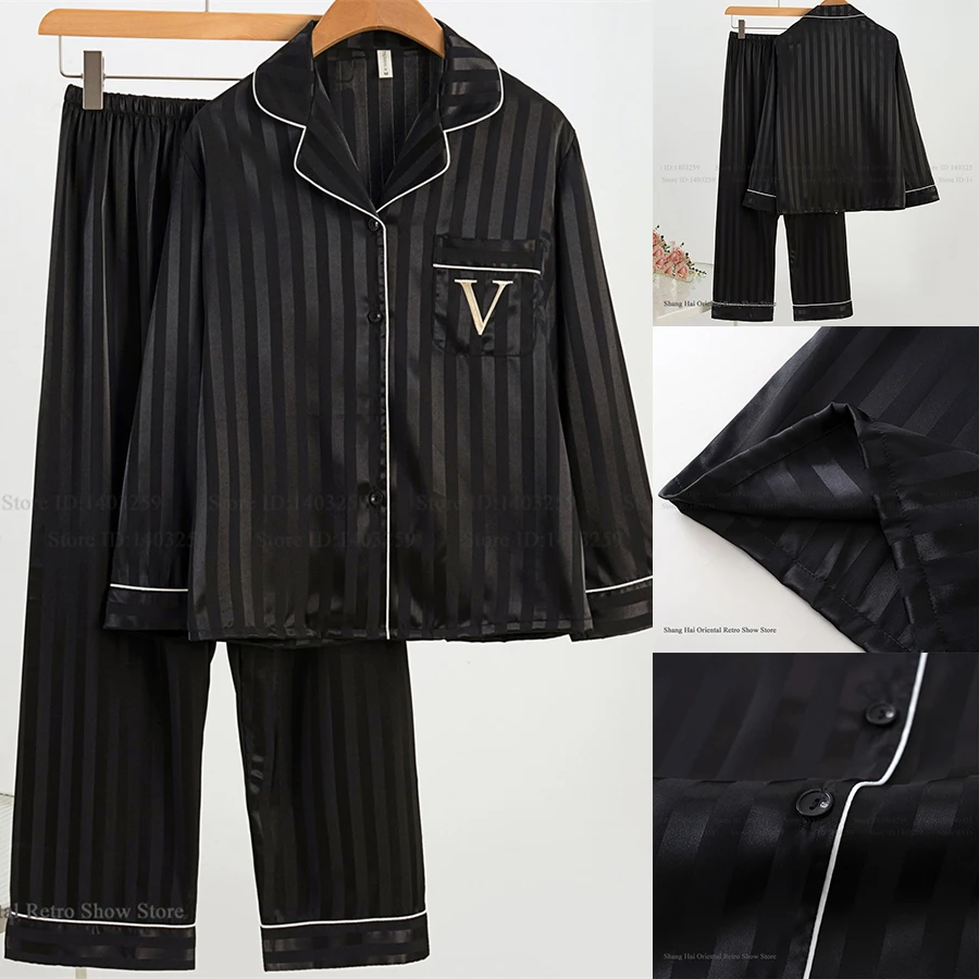 

Womens 2PCS Pajamas Set Homewear Spring Summer New Silk Satin Loungewear Long Sleeve Trouser Pijamas Suit Loose Casual Sleepwear