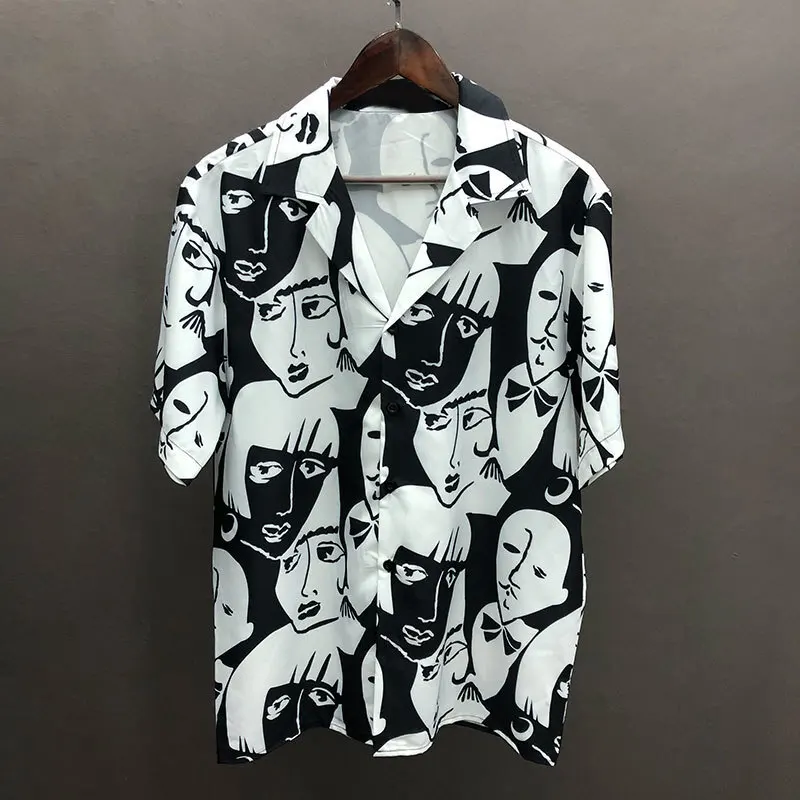 Portrait Black  White Contrast Print Shirt Short Sleeve Casual Men Shirt Streetwear Summer Camisa  Masculina  Shirt Moda Hombre