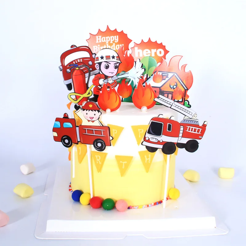 Firefighters Fireman Set Fire Ladder Truck DIY Cake Topper Cake Cupcake Toppers Boys Men Birthday Party Dessert Decor Flags