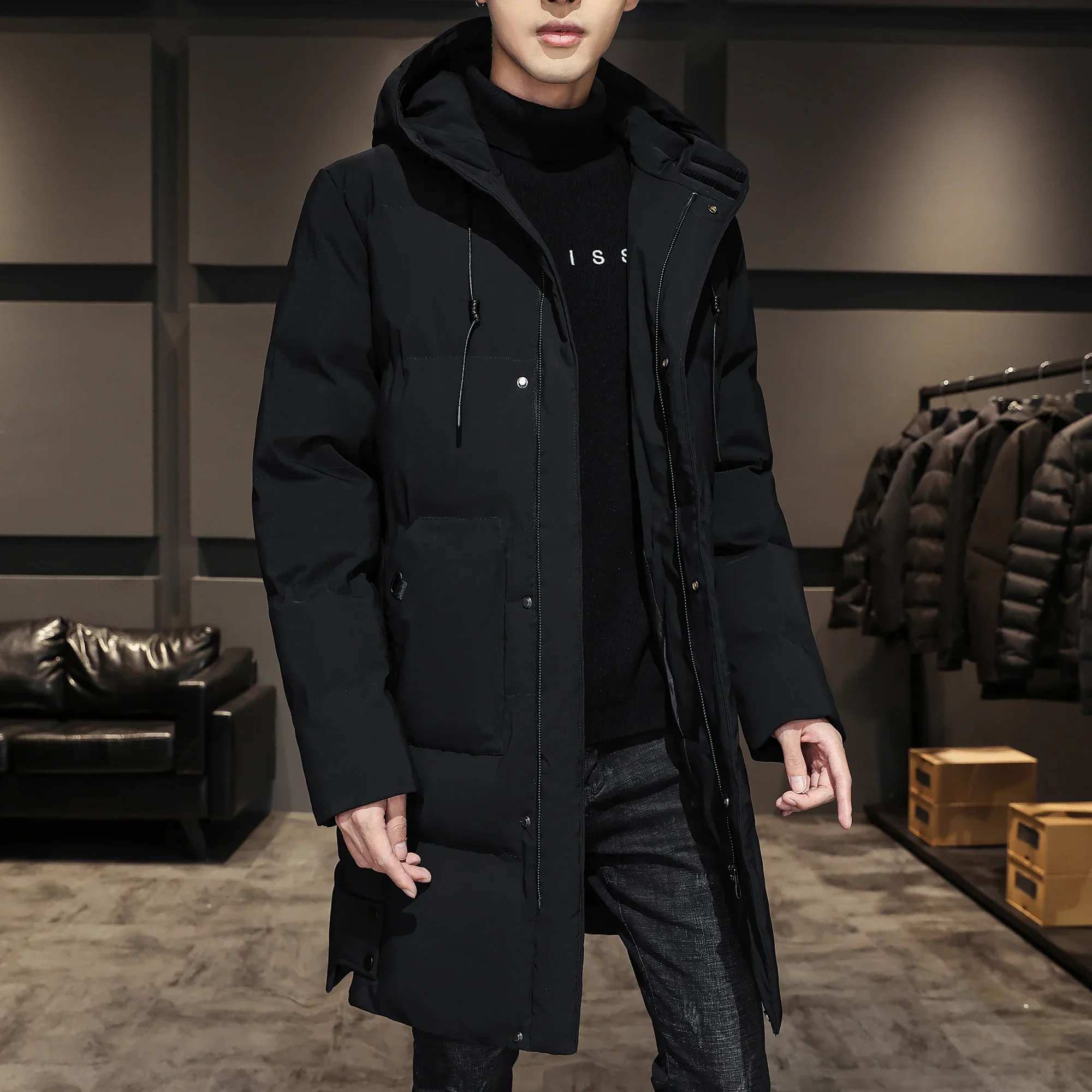 Quality Long Cotton-padded Coat Warm Simple Solid Color Thin Look High Trend All Quality Fabric Comfortable Men's Parkas down