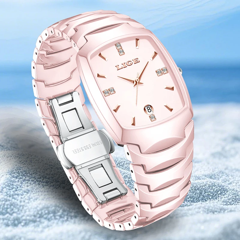 ساعة LIGE Fashion للنساء ساعات كوارتز مربعة من الفولاذ الإبداعي للنساء من أفضل العلامات التجارية الفاخرة الأنيقة المقاومة للماء كرونوغراف للتاريخ