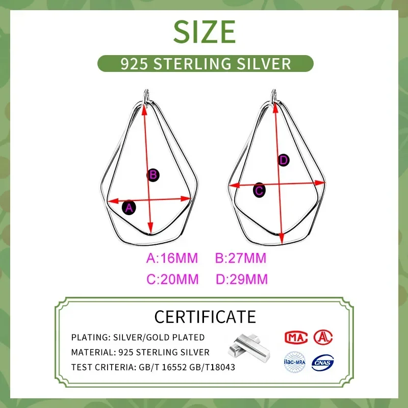 MEETSOFT 925 Silver Simple Geometric Lines  Square Frame Drop Earrings for Fashion Women Fine Jewelry Minimalist Accessories