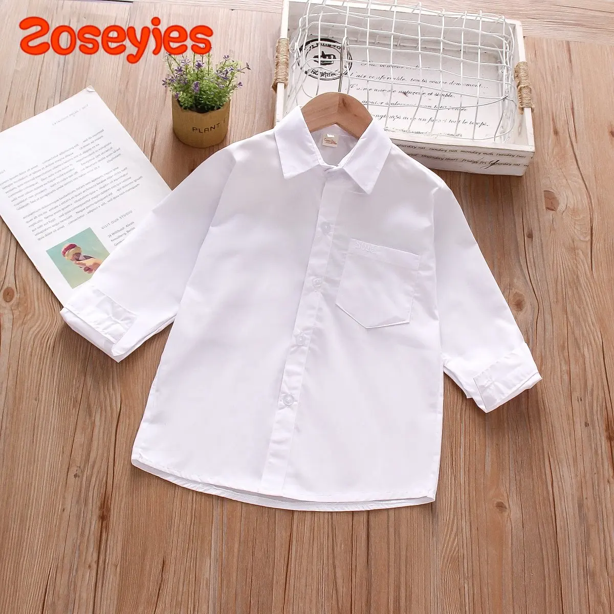 Spring Boys\' White Shirt Solid Pocket Decorative Polo Long Sleeve Top Underlay Shirt