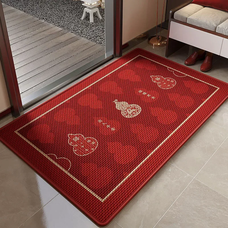 Red Lucky Gourd Print Porch Doormat Chinese Dust-Removing Foot Pad with Non-Slip Bottom Antiwear Easy To Handle Floor Carpet
