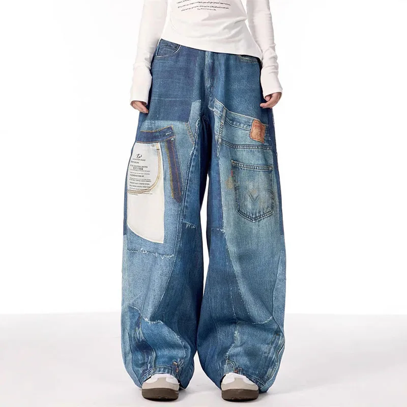 

Весенне-осенние джинсы High Street в стиле ретро с нашивкой в стиле пэчворк и принтом для мужчин и женщин, свободные прямые широкие брюки