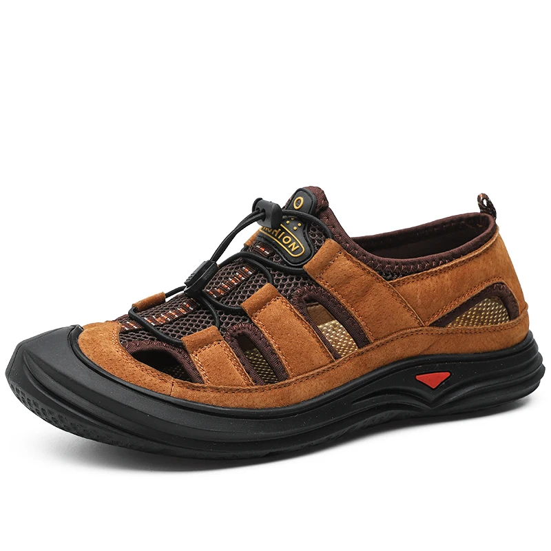 

VIPOL Мужские уличные сандалии большого размера, пляжная обувь из воловьей кожи с верхним слоем, нескользящая кожаная повседневная обувь