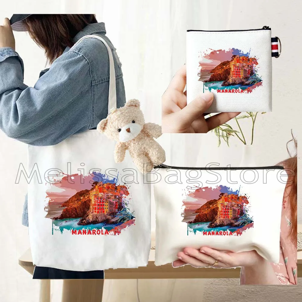 4PCS Cute Gifts Manarola Italy White Canvas Tote Bag Handbag with Doll Key Coin Purse Cosmetic Makeup Toilet Bag Case Pouch