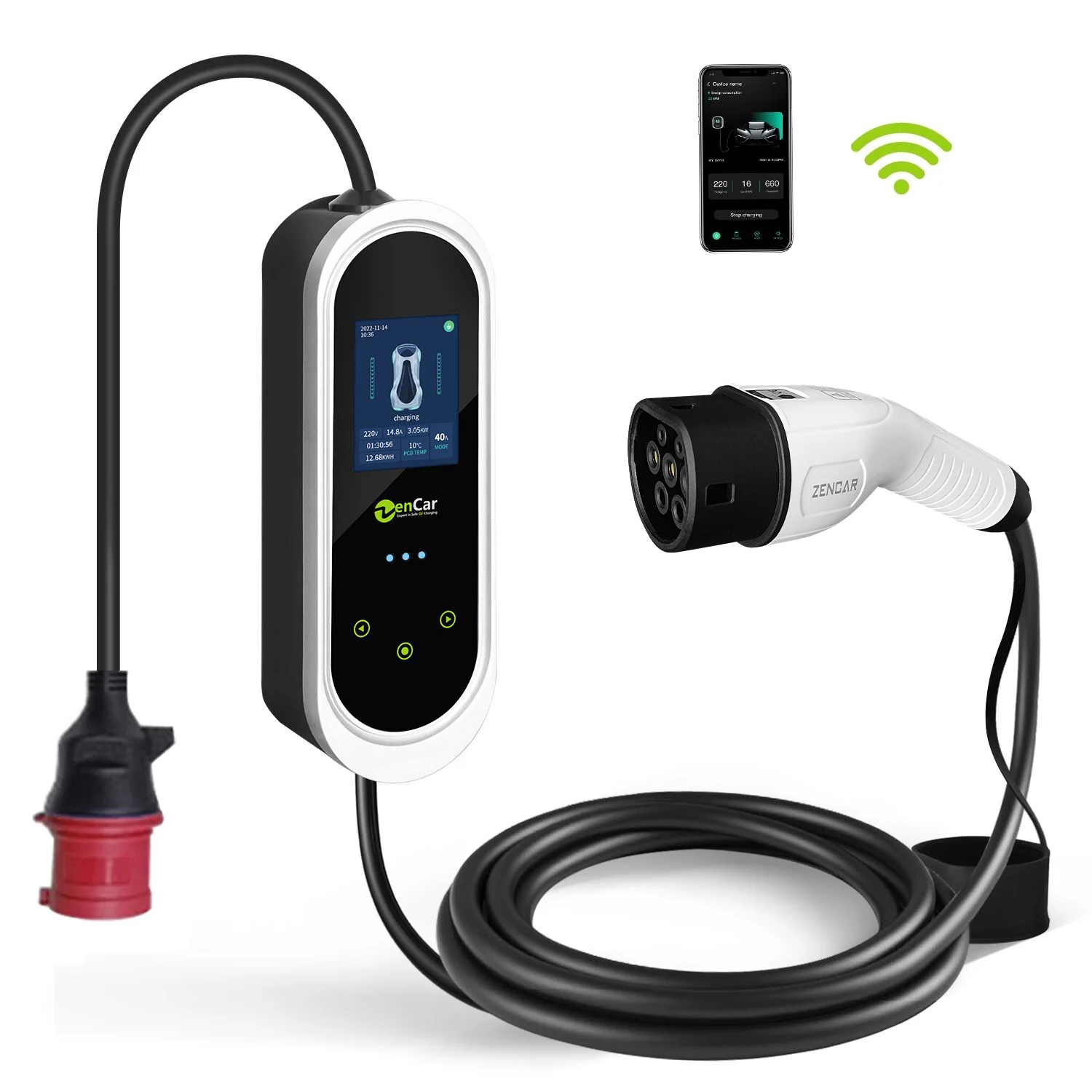 32A Type 2 Smart EV Charger 22KW Mobile Electric Car Charger with WiFi + BT Support APP Application Zencar Model E Pro