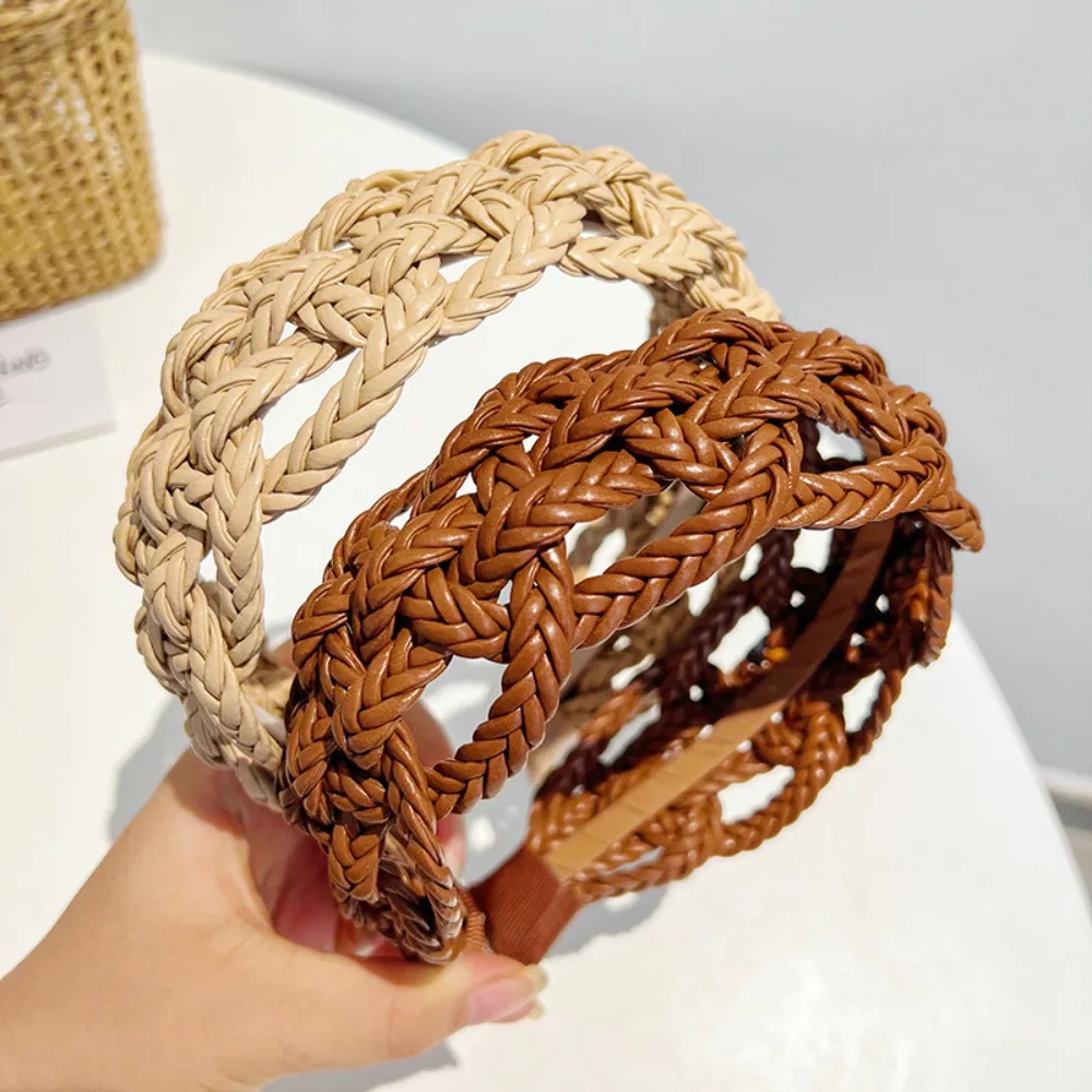 

Wide Side PU Leather Weave Hairband Solid Color Geometric Braid Headband Headwear Hollowed Out Weave Style Hair Hoop Women