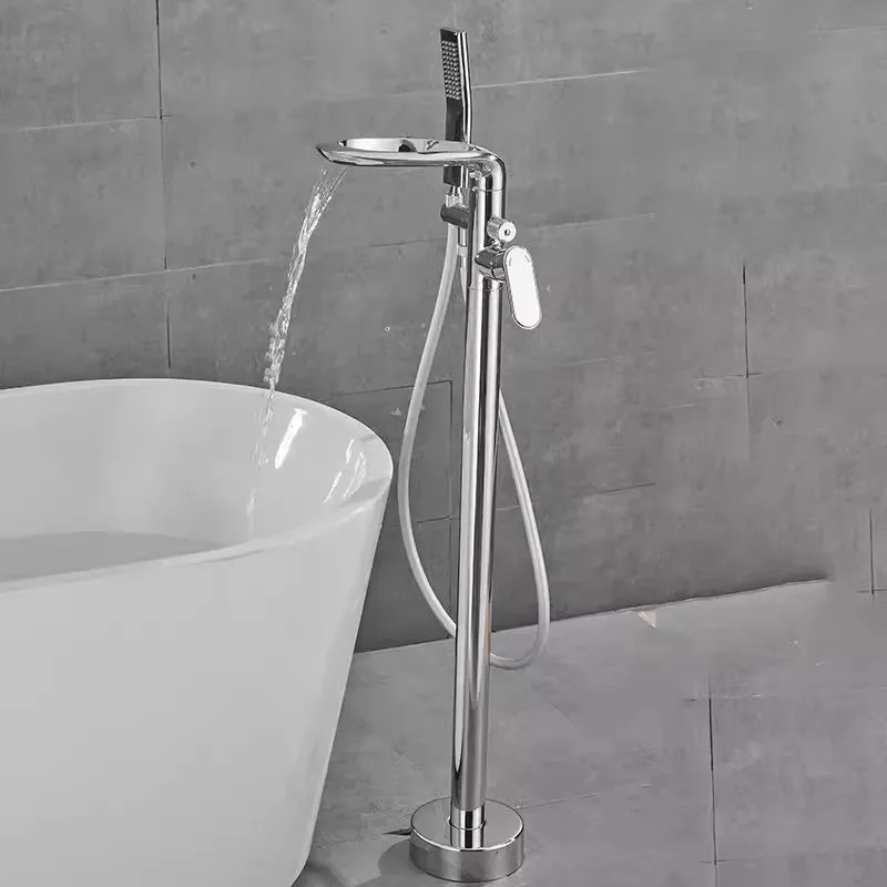 Brushed Gold Bathroom Bathtub Faucet + Handheld Shower Free Standing Luxury Waterfll BathTub Mixer Taps Floor Mounted
