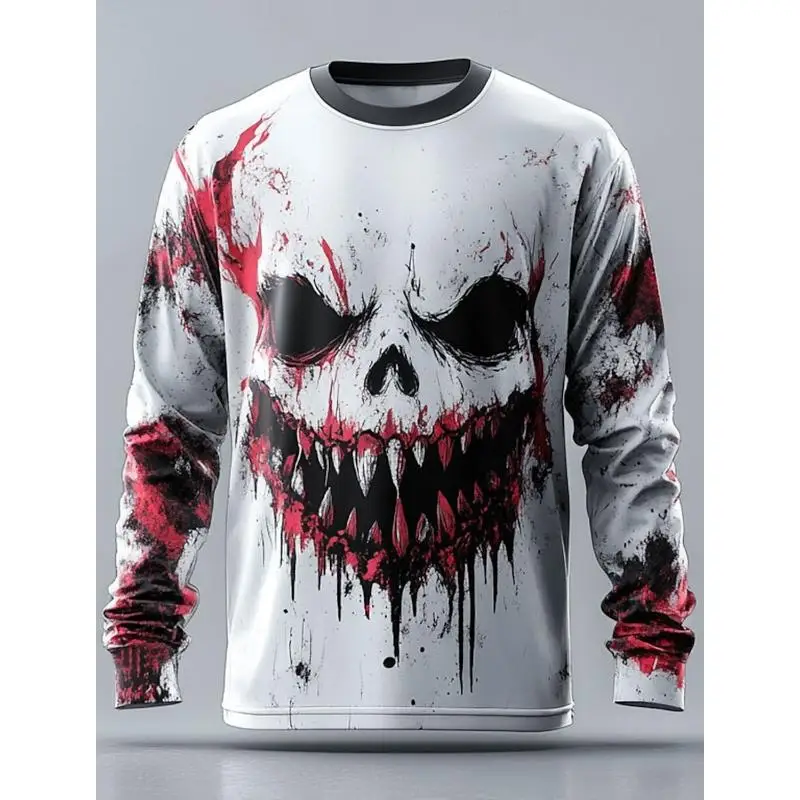 Men Gothic Blood Skull Mummy Skeleton Rib Bone 3D Print Crew Neck Long Sleeve Halloween Costume Tee