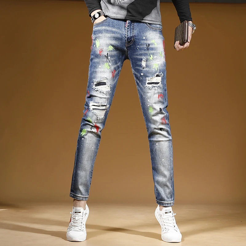 Graffiti Printed Ripped Blue Jeans Men Streetwear Casual Slim Fit Straight Leg Pants Patches Stretch Denim Trousers