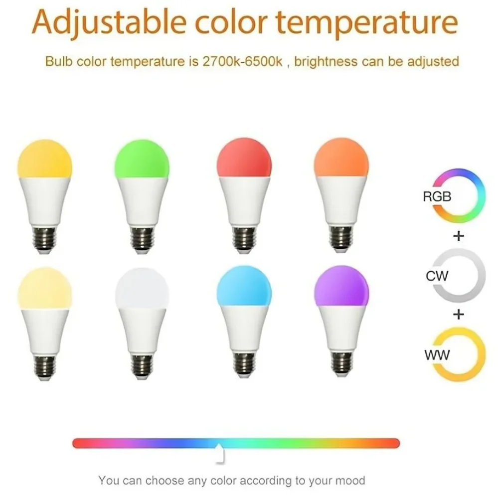 8 pces 15w wifi lâmpada inteligente e27 lâmpada led rgb trabalho com alexa/google casa 85-265v rgb + branco função temporizador regulável cor lâmpada