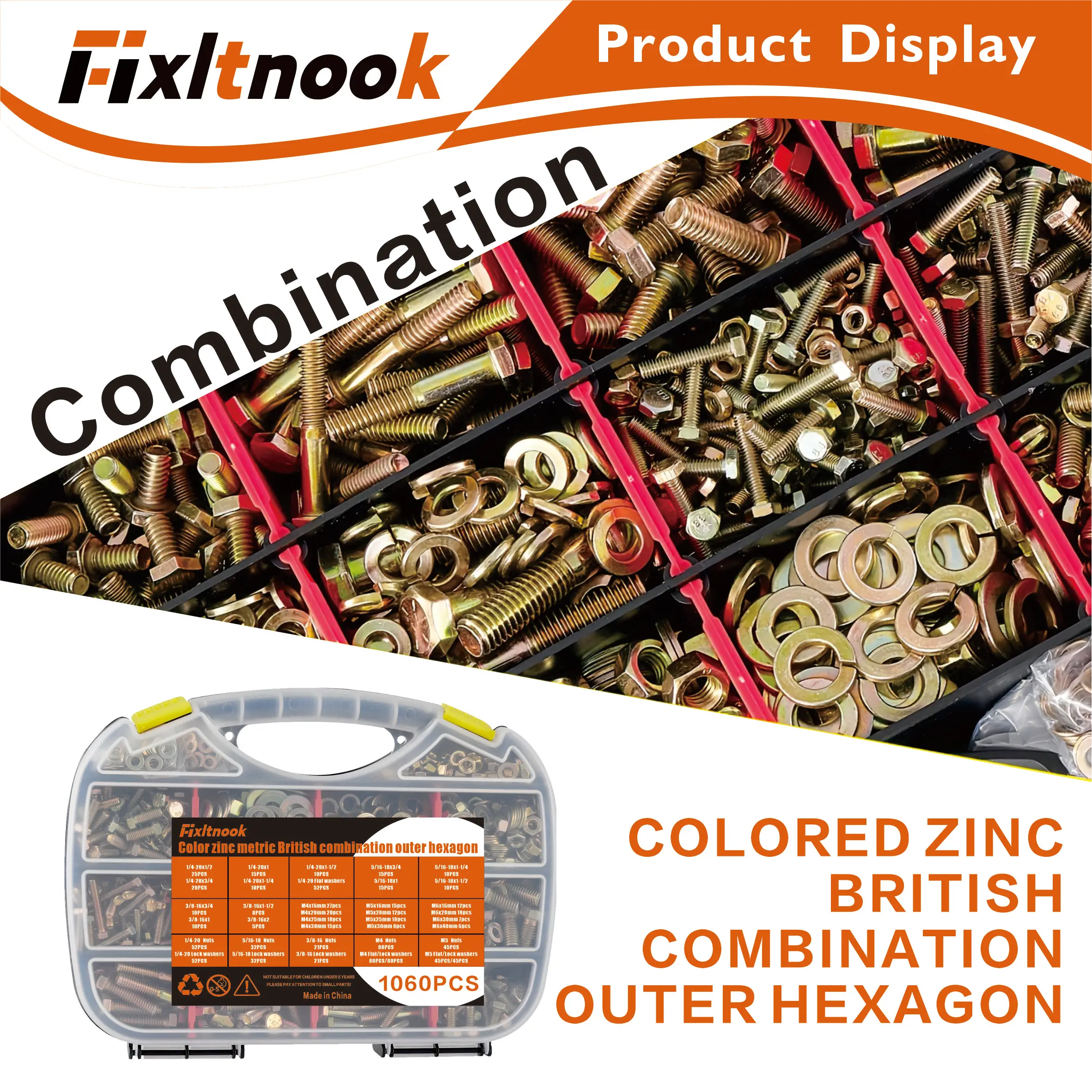 

1060 pieces, metric bolt and nut classification kit with portable case, 25 different sizes, 25 different sizes