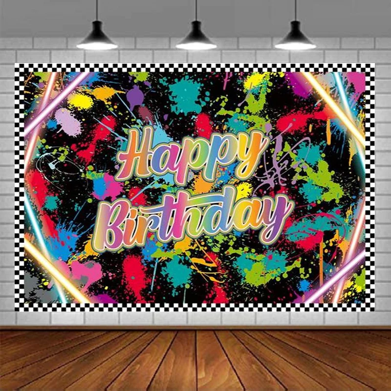 Neon Glow Happy Birthday Photography Backdrop 90s Splash Paint Black Light Rainbow Color Graffiti In The Dark Background Decor