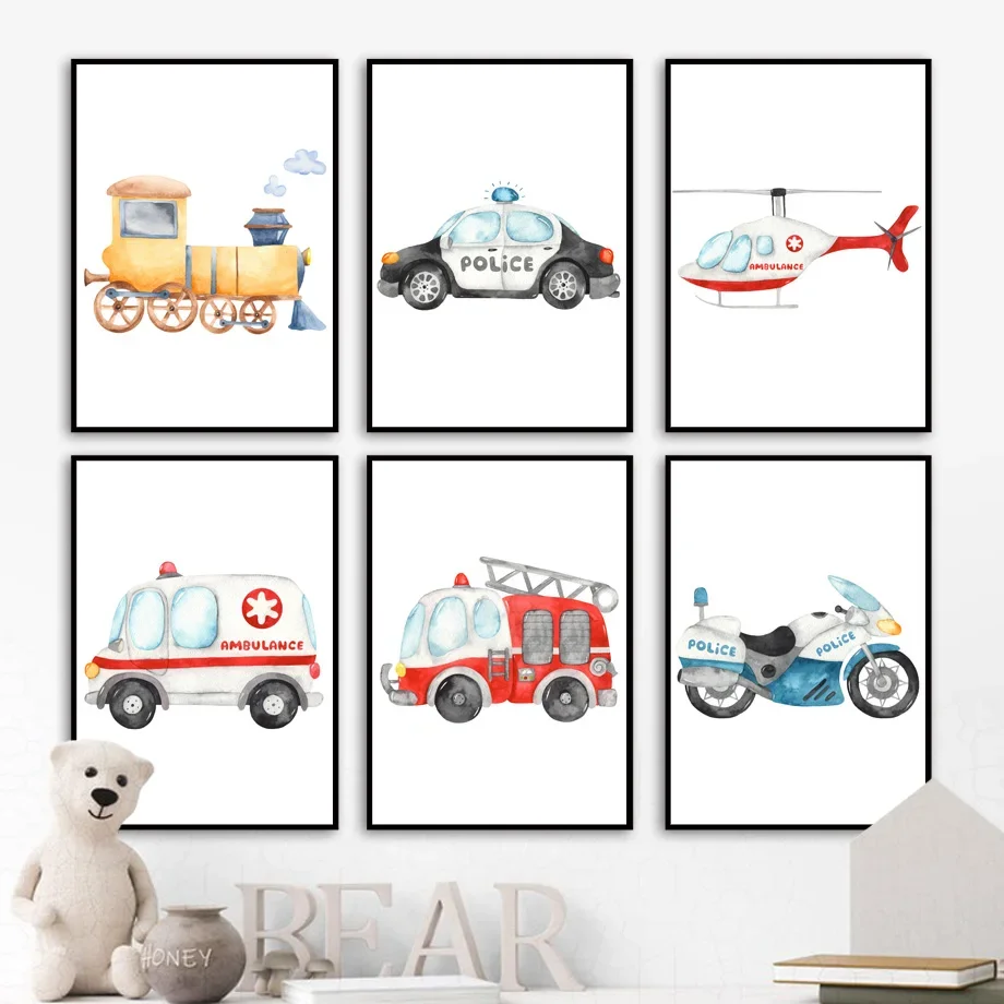 

Boys' Room Wall Art Canvas - Transportation Vehicle Theme - Ambulance Fire Truck Car Train Decor Poster Print for Baby Nursery