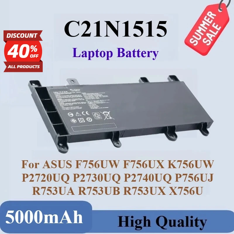 

Laptop Battery 7.6V 5000mAh for ASUS F756UW F756UX K756UW P2720UQ P2730UQ P2740UQ P756UJ R753UA R753UB R753UX X756U C21N1515