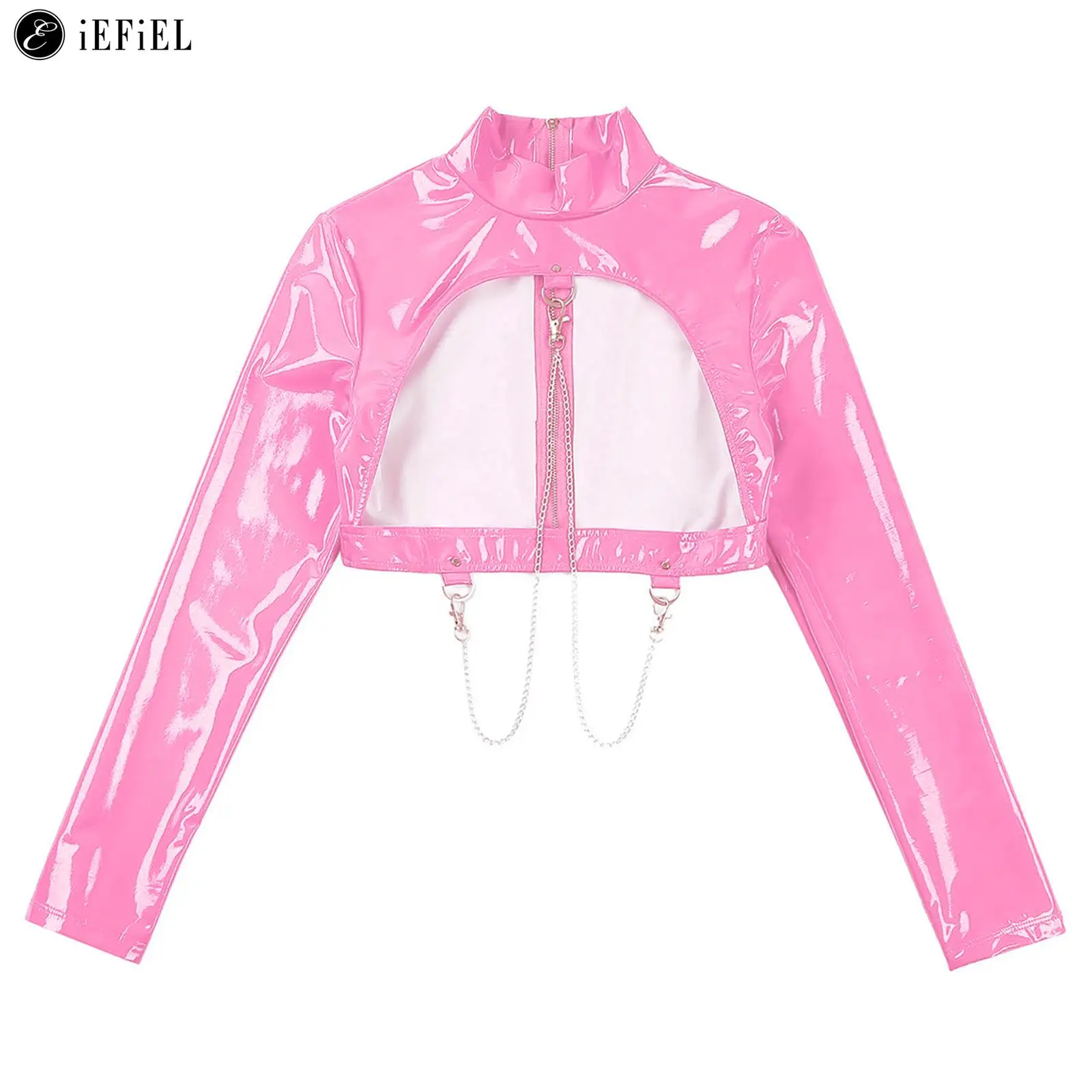 Womens PVC Leather Hollow Out Crop Top Shirt with Metal Chains Adult Long Sleeve Cutout Coat Jacket Latex Clubwear Lingerie