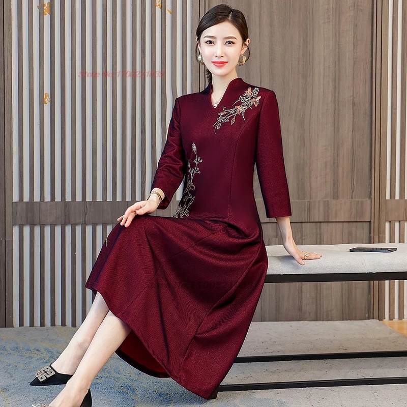 2024 ชุดแต่งงานจีนปรับปรุง cheongsam แห่งชาติดอกไม้เย็บปักถักร้อย A-Line ชุด Oriental จัดเลี้ยงชุดราตรี vestido