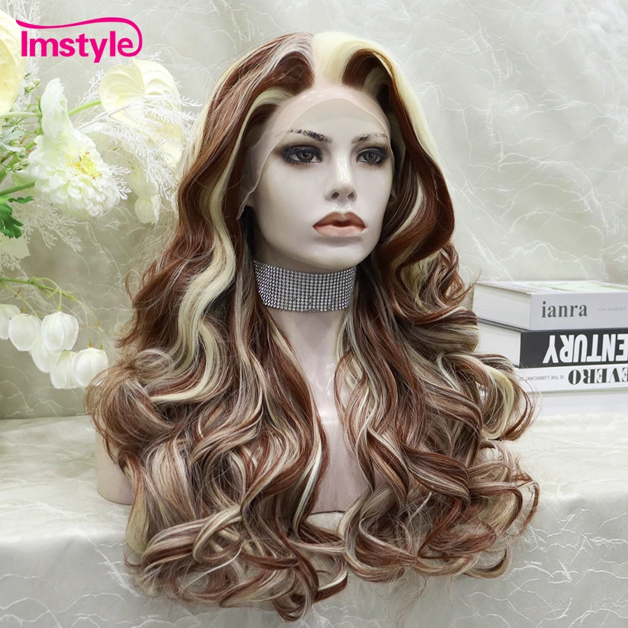 Imstyle Chestnut Brown Wig Synthetic Lace Front Wig Highlight Blonde Long Wigs For Women Heat Resistant Fiber Cosplay Wig