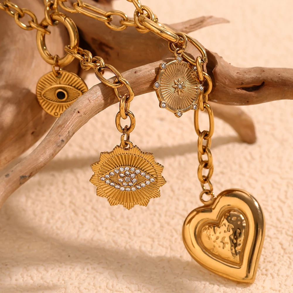 MamacitaSlay Vintage Heart Evil\'s Eye Pendant Long O Chain Y-Shaped necklace stainless steel women\'s jewelry Daily Decoration