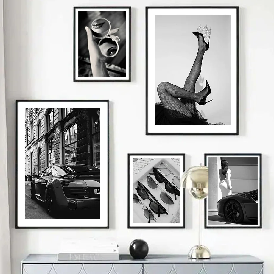 A4 9x13cm 10x15cm Black Photo Frame With Fashion Woman Doberman Car Retro Black White Wall Art Canvas Painting Poster Frame