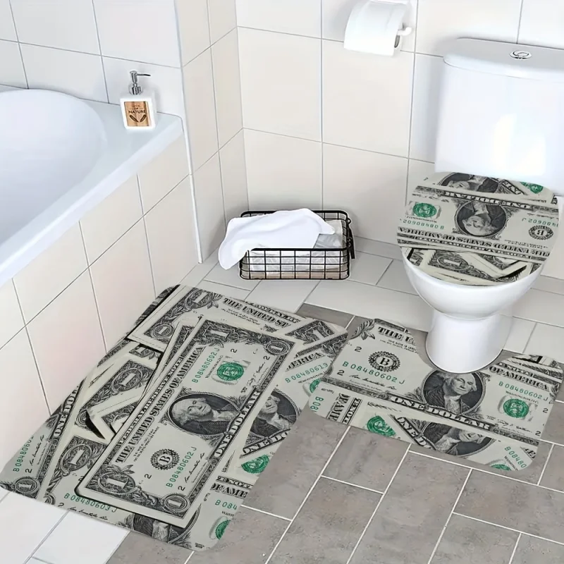 3-Piece Set: Dollar Bill Printed Bathroom Mats - Quick-Dry, Microfiber Surface, Memory Foam Cushion - Suitable for Bathrooms, La