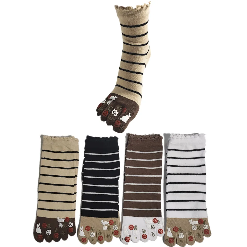 

4 Pairs Of Cotton Cartoon Striped Women's Five Finger Socks Set, Split Toe Print Flowers Socks