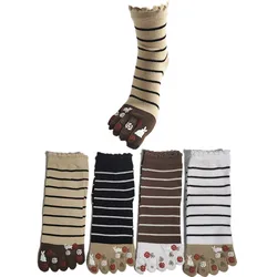 4 Pairs Of Cotton Cartoon Striped Women's Five Finger Socks Set, Split Toe Print Flowers Socks