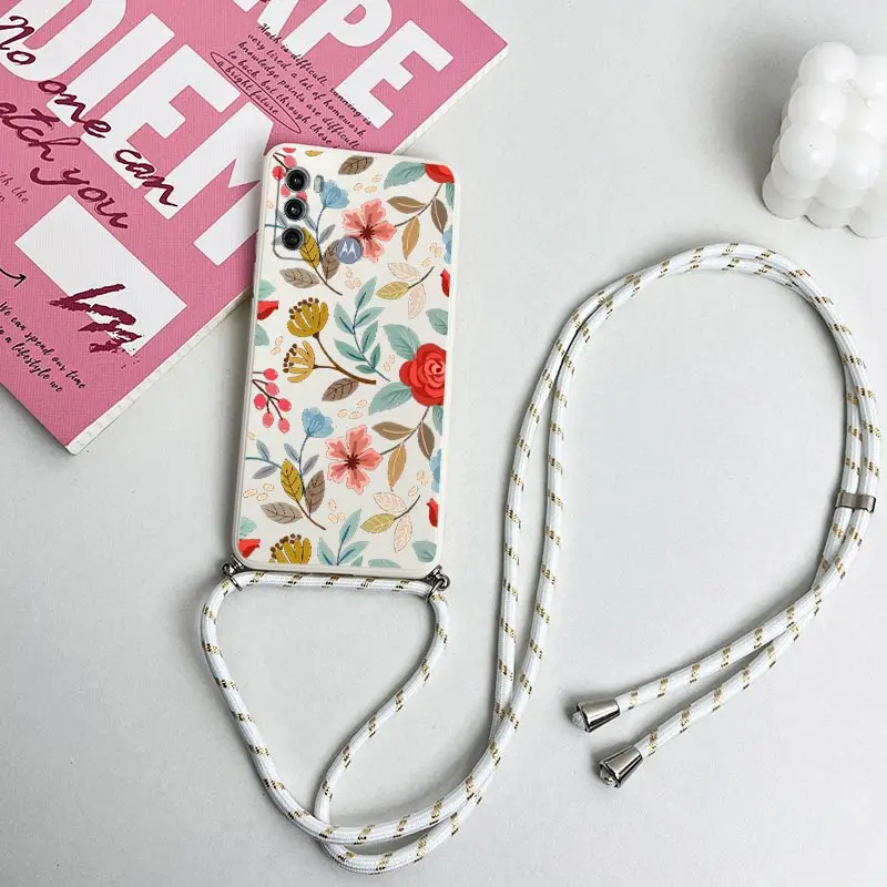 G60 Five Petals FlowerLanyard Silicone Phone Case For Motorola Moto G60 G62 G54 G24 G52 G84 G60S G100 G30 G40F G34 G42 G13 Cover