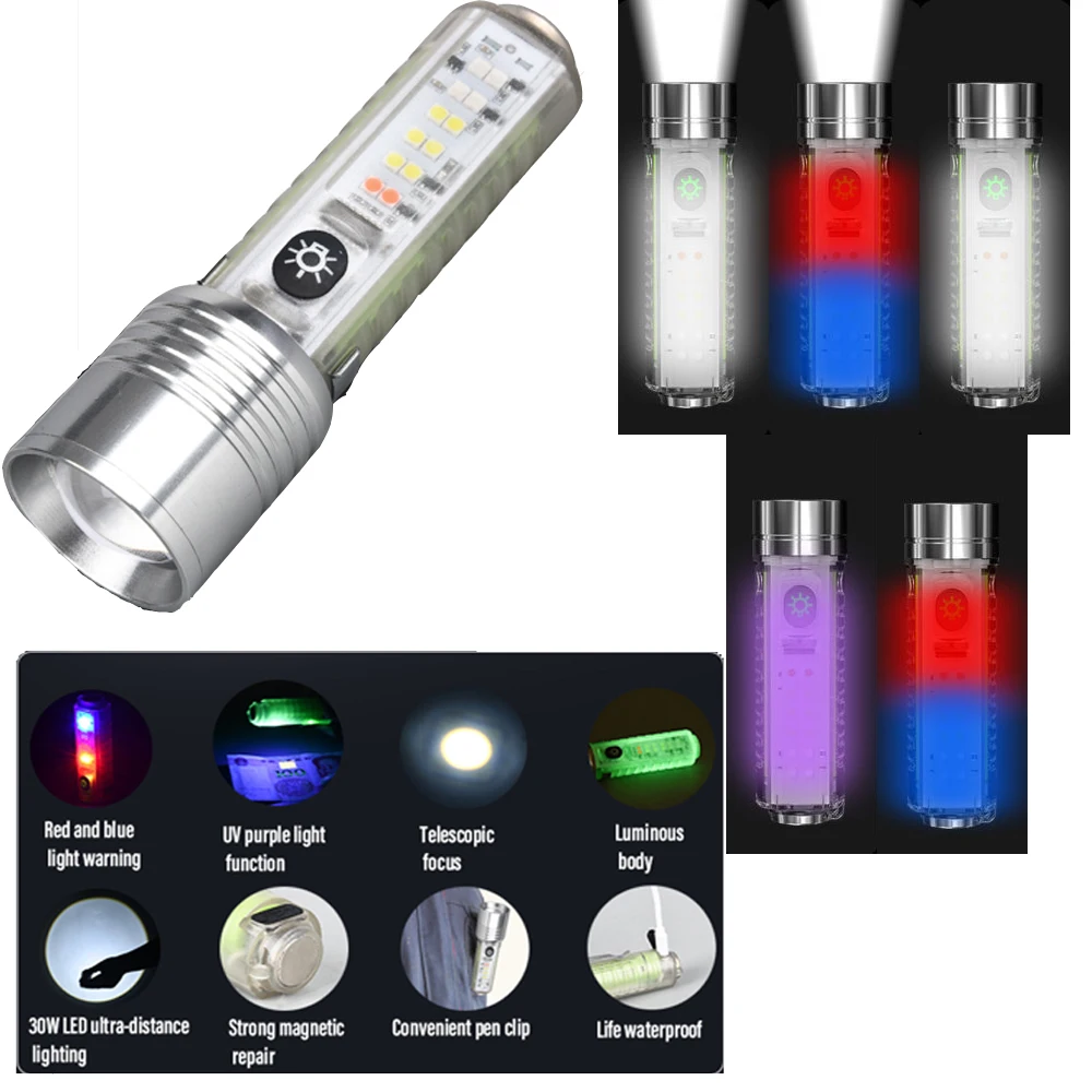 Super Bright LED Flashlight with White/red/blue/purple Side Light and Strong Magnets 30W LED Wick Lighting for 1500 Meters