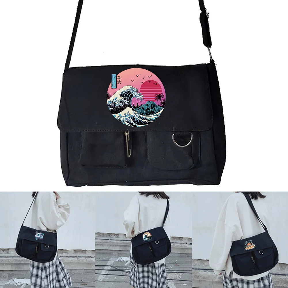 

Shoulder Crossbody Bags Korean Harajuku Wild Canvas Messenger Bag Women Simple Casual Version Organizer Wave Print Postman Case