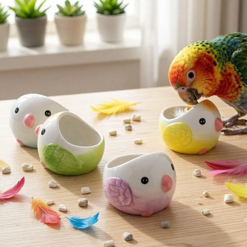 Ceramic Anti-Splash Feeding & Drinking Cup, L-shaped Small Pet Feeder Bowl, Cage Feeding Supply