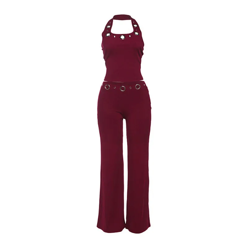 Hohle, ausgeschnittene Neckholder-Cropped-Tops und Hosen, 2-teilige Sets, sexy, ärmellos, rückenfrei, schmal geschnittenes Top, weit geschnittene Hosen, schicke Damen-Outfits, neu – Detail 2