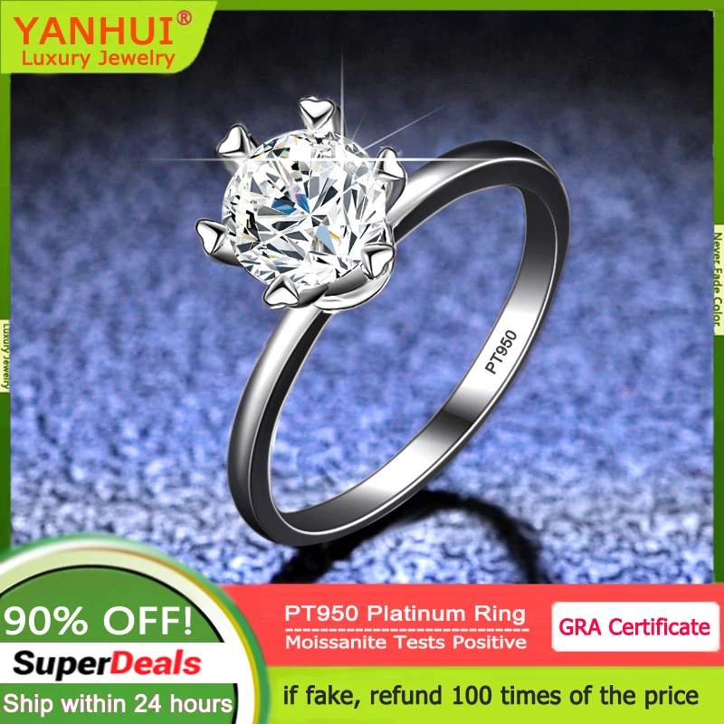 YANHUI 100% Luxury PT950 Platinum Rings 1 Carat D Color Moissanite Slub Rings for Women Wedding Fine Jewely with Certificete