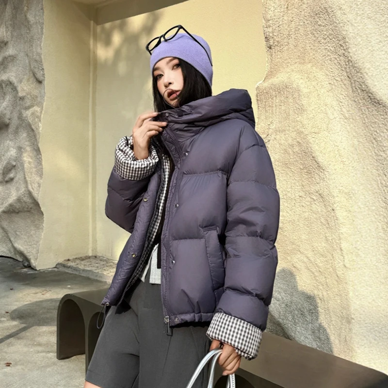

Winter Puff Hooded Grid Splice Parker Down Jacket Women White Duck Down Short Jacket Coat Female Drawstring Zipper Warm Outwears