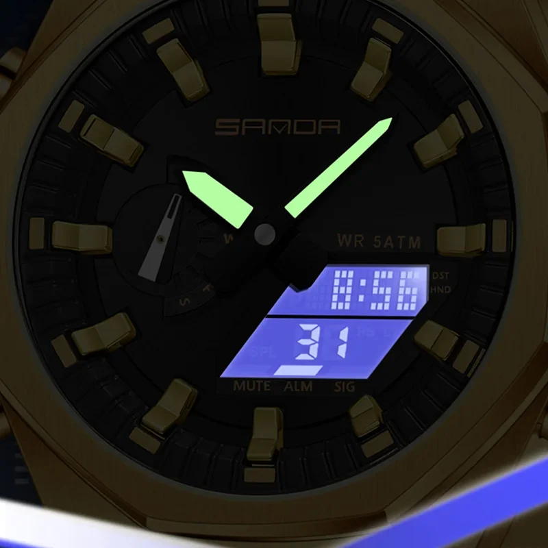 SANDA Luxury Man Electronic Watch Dual Display Countdown Alarm Clock Waterproof Watch Stainless Steel Quartz Male Sport Watch