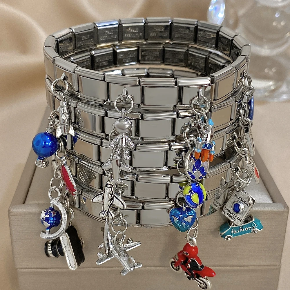 

Vintage Geometric Pendant Stainless Steel Bangles Bracelet for Women Men Silvery Charm Italian Links Bracelet Waterproof Jewelry