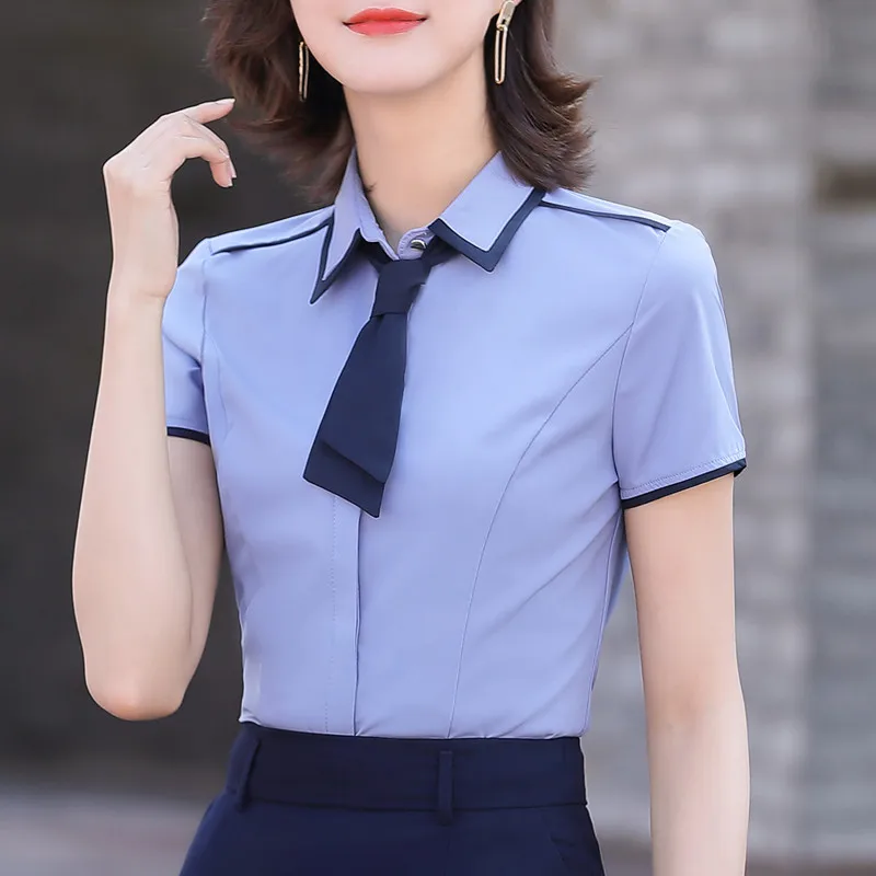 NAVIU New Summer Style White Shirts For Women Elegant Fashion Interview Slim Top Blouses Formal Office Ladies Work Wear Gray