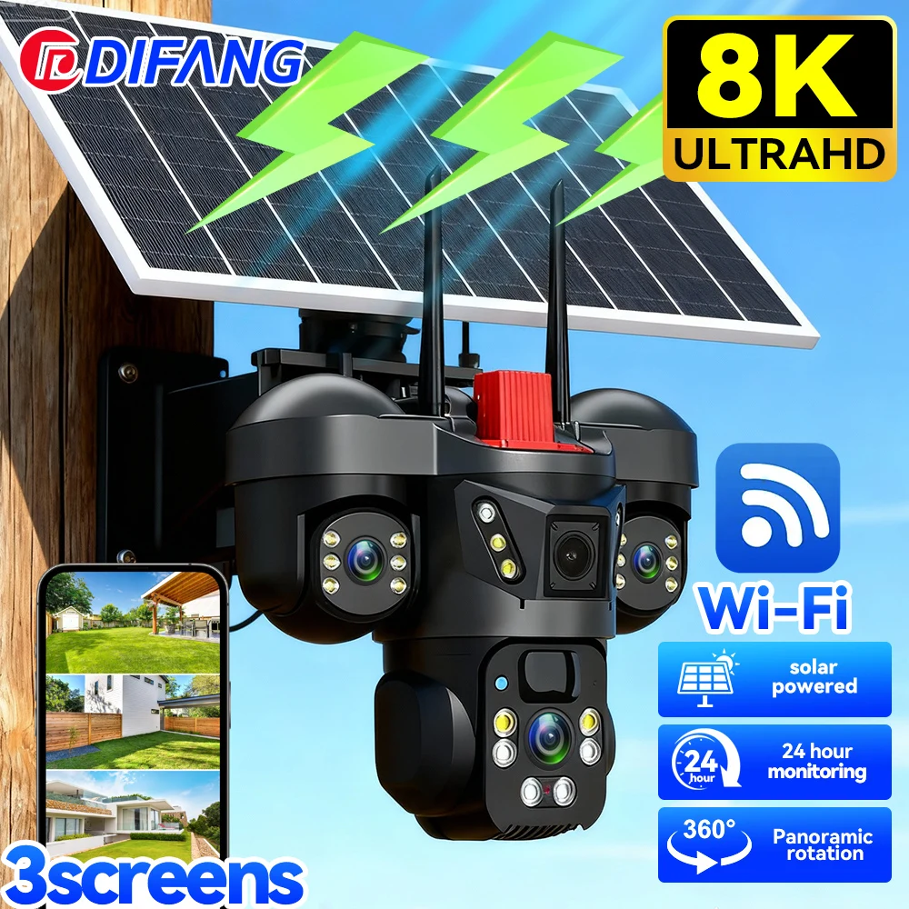 

8K 15MP Solar Surveillance camera Three Screens WiFi Solar CCTV Auto Tracking PTZ 4G Sim Card Wireless Solar IP Cam V380 Pro