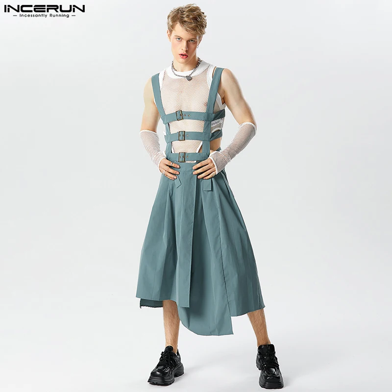 

2023 Men Irregular Skirts Jumpsuits Solid Color Hollow Out Straps Men Pants Streetwear Personality Male Skirts S-5XL INCERUN