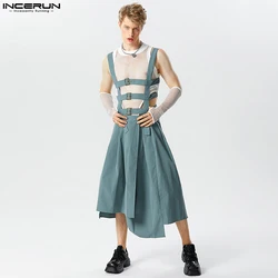 2023 Men Irregular Skirts Jumpsuits Solid Color Hollow Out Straps Men Pants Streetwear Personality Male Skirts S-5XL INCERUN