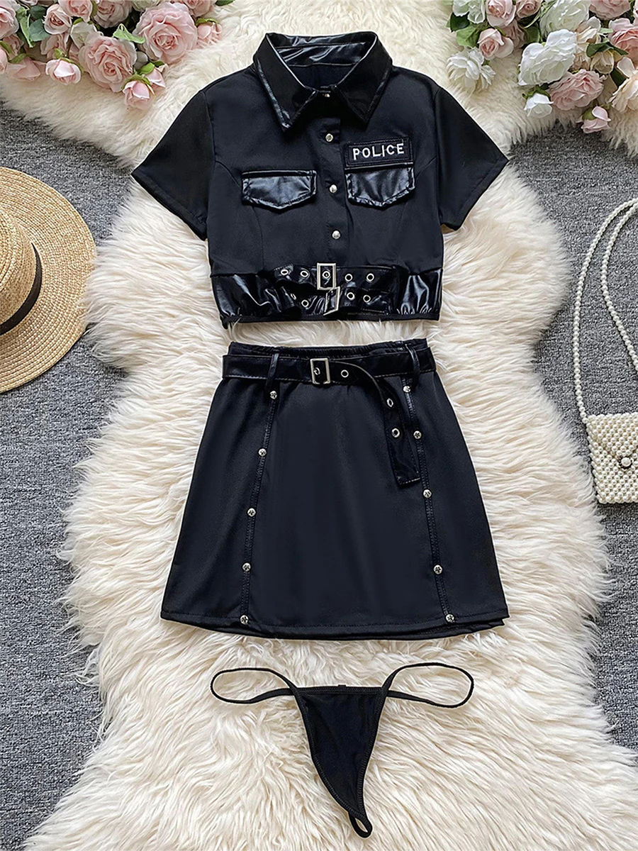 Damen-Dessous-Set, Polizeikostüm, Outfit mit kurzen Ärmeln, bauchfreien Oberteilen, Minirock, niedrige Taille, G-String, Tangas