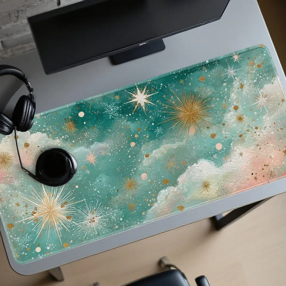Teal Celestial Mouse Pad Extra Large Watercolor Stars and Clouds Desk Mat Gaming Office Accessory